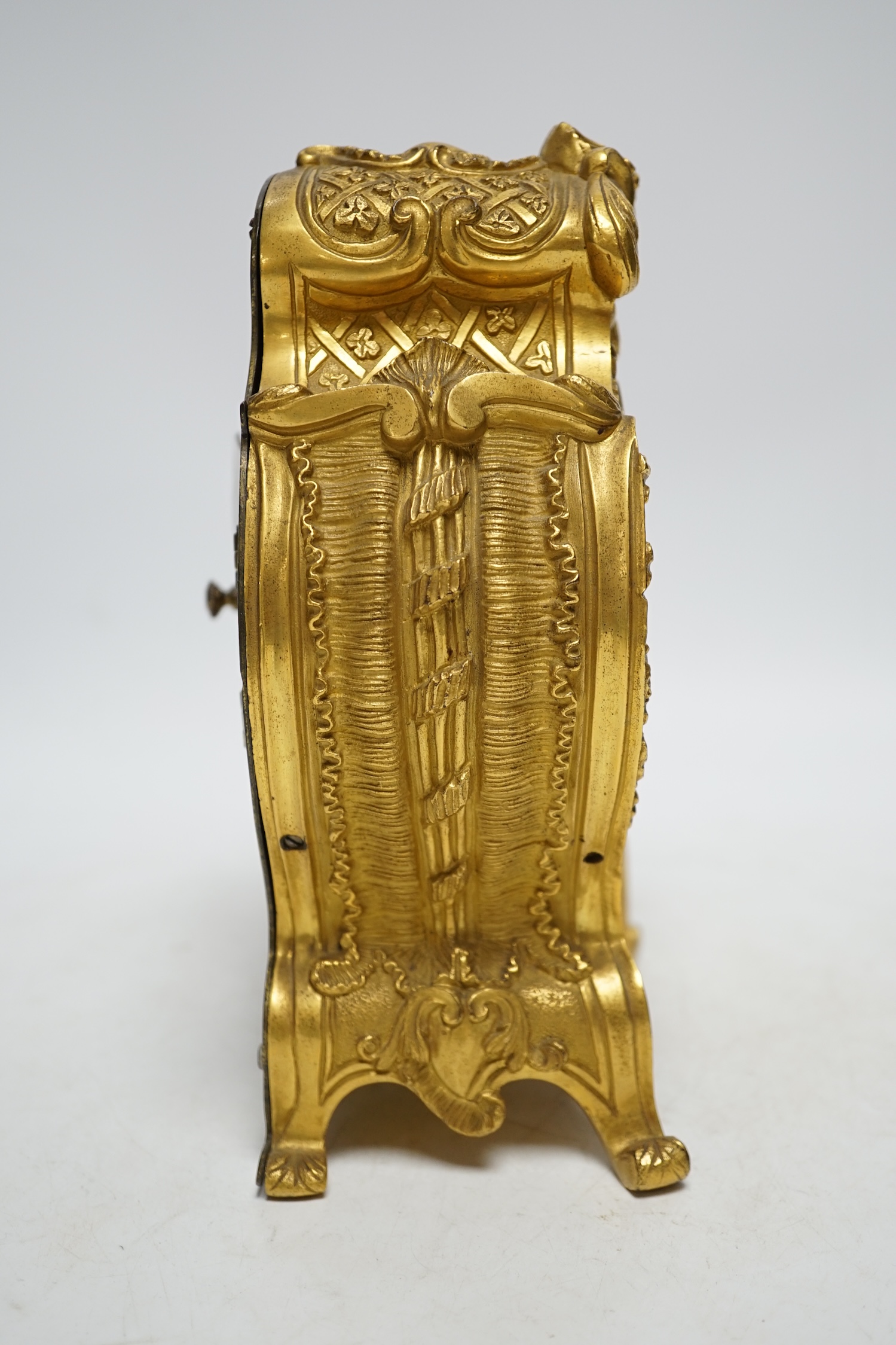 An English ormolu mantel clock, c.1835, Storr and Mortimer, New Bond St, pendulum, no key, 21cm
